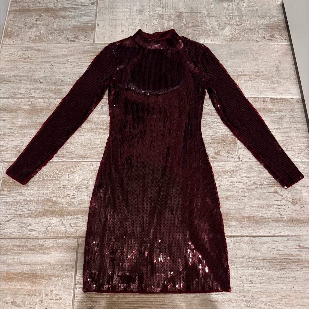 Express Burgundy Long Sleeve Sequin Dress